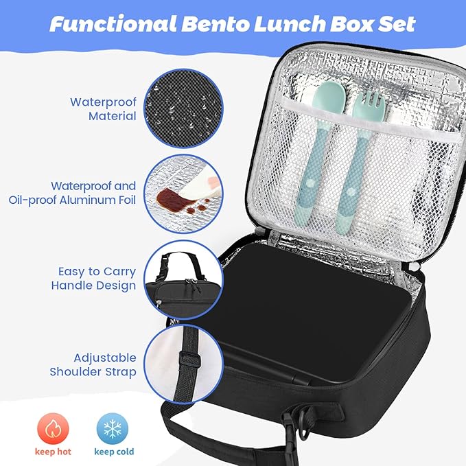 Kids Bento Lunch Box with Thermos, Leakproof Toddler Bento Box with 9 OZ Insulated Food Jar, Lunch Bag & Utensils 3 or 4 Compartment Container for School Girls Boys