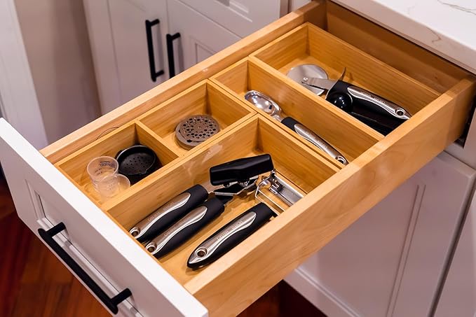 Umilife Bamboo Kitchen Drawer Organizer, Extra High Silverware Tray, Flatware Cutlery Storage Box, Multi-Use Holder in Office, Bathroom, Pantry - 9"x3"x2.5" (Set of 2)