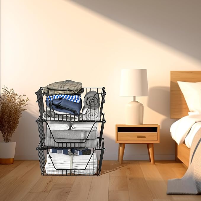 SANNO Stackable Basket Black Stackable Wire Baskets Stacking Bins for Vegetable Storage Pantry, Fridge, and Bathroom Organization,6 pack