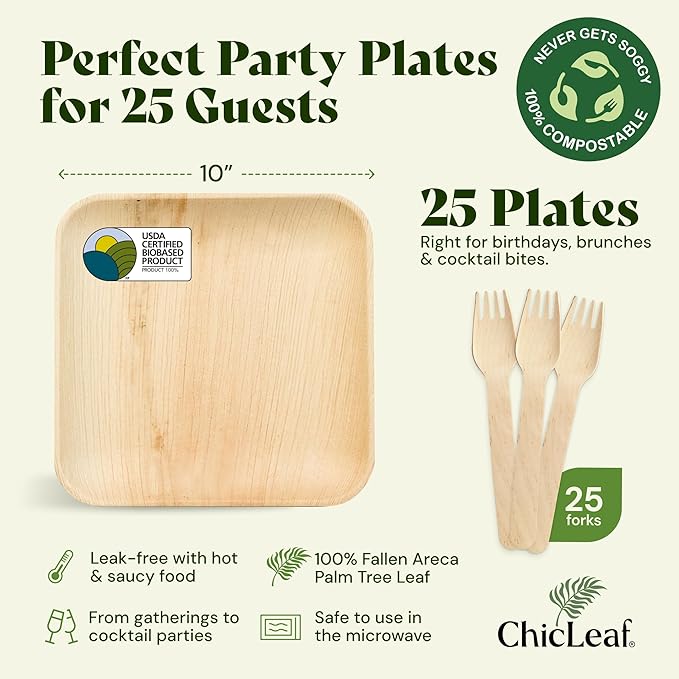 Chic Leaf Palm Leaf Plates Disposable Inch Square Pack Compostable Biodegradable & Eco Friendly Plates - Microwave Safe Disposable (10'' - 25 Pack)
