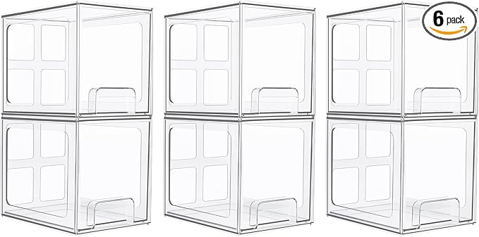 Vtopmart 6 pack Stackable Storage Drawers, 6.6''Tall Acrylic Bathroom Makeup Organizers,Clear Plastic Drawers For Vanity, Undersink, Kitchen Cabinet,Pantry Organization and Storage