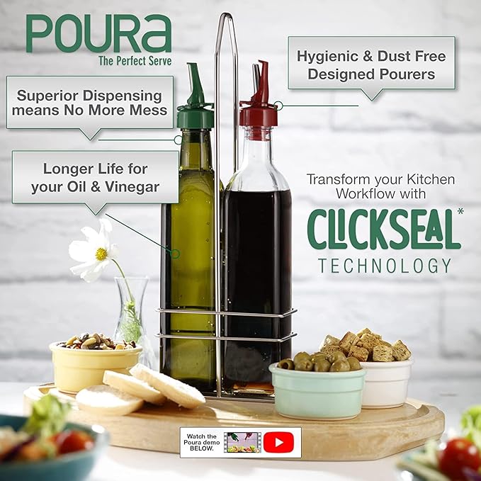 Poura Vinegar and Olive Oil Bottle Drizzler Set with ClickSeal BPA Free Pour Spouts | Glass Oil & Vinegar Dispenser Bottles for Cooking & Dining | Hygienic Covers + Silicone Decanter Funnel 250ml