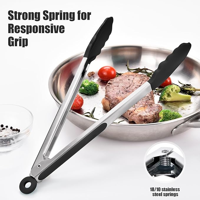 Doosu Kitchen Tongs for Cooking - 600°F Heat Resistant Food Tong with Non-Scratch Silicone Tips, Heavy Duty Stainless Steel Locking Tong for BBQ, Grilling Steak, Serving Salad, Pasta (12in, Black)