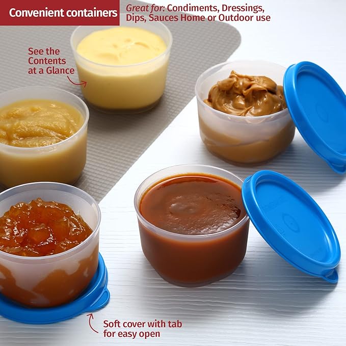 SIGNORA WARE Reusable Plastic Food Storage Containers 8 pack 4 oz. Stackable Airtight Leak Proof Containers for Snacks, Picnics, Food Prep, Salad Dressing - BPA Free