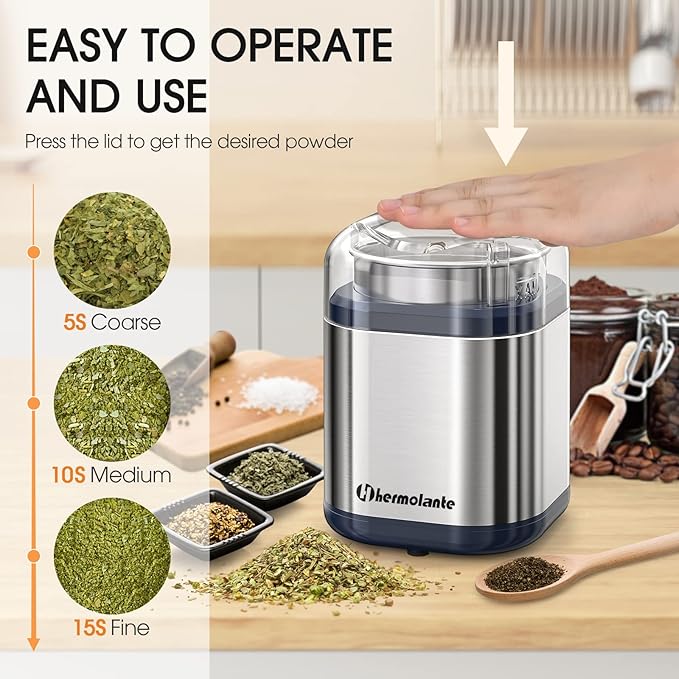 Herb Grinder Spice Grinder, 200 w Herb Grinder with Stainless Steel Blade and Cleaning Brush, Compact Size Electric Grinder for Herbs and Spices -5.11in(Stainless Steel)
