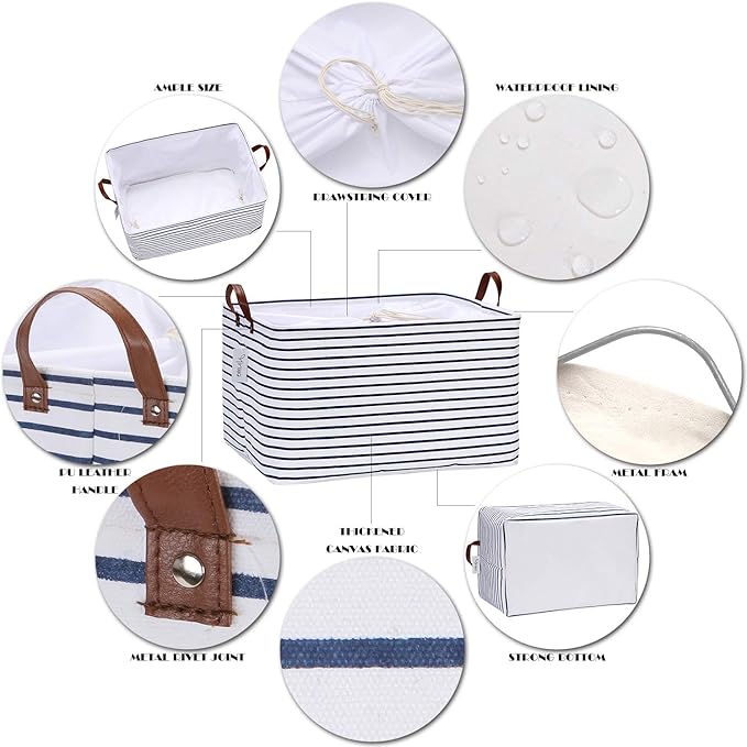 Hinwo 70L Extra Large Storage Bins, Closet Organizers and Storage, Foldable Clothes Storage Baskets with Handles, Containers for Clothing, Blanket, Comforters, Toys, Bedding (Navy Stripe)