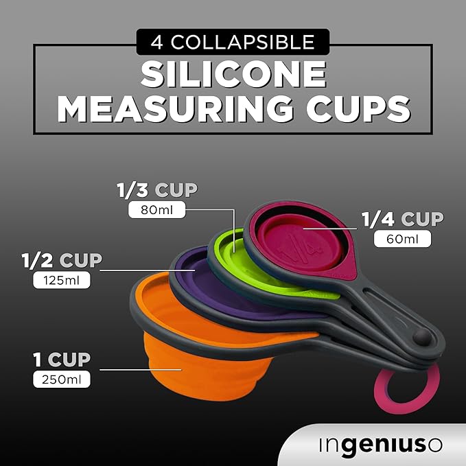 Collapsible Measuring Cups and Nesting Spoons - Adjustable Silicone for Cooking, used for Liquid and Dry Kitchen Items - Portable Portion Control, Dog Food, Kids, Travel, Camper, Space-Saving - 1 Set