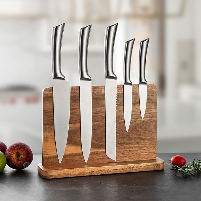 Magnetic Knife Block Kitchen Knife Holder Rack Without Knives- Natural Acacia Knife Storage Organizer with Powerful Magnets for Cutlery Display and Storage