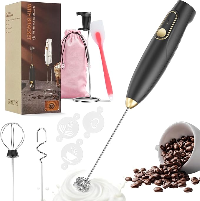 Rechargeable Milk Frother Wand with Stand, Electric Handheld Coffee Frother with 3 Detachable Whisks, Travel Milk Foamer for Protein Powder, Drinks, Espumador de Leche Electrico Black