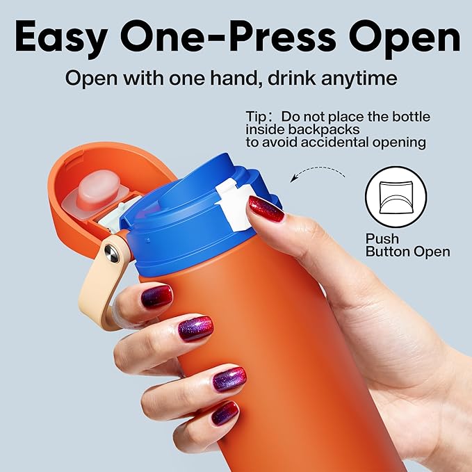 Insulated Water Bottle with Straw - Encool Stainless Steel Water Bottle with Push Button Lid, Leak-Proof & BPA-Free, Keeps Cold for 24 Hours for Sports, Travel, Gym (24 oz, Salmon)