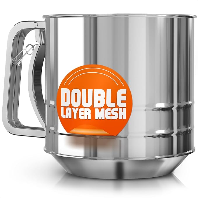 5 Cup Flour Sifter for Baking – Large Capacity Flour Sifter Stainless Steel with Double Mesh, Easy One-Hand Use & Dishwasher Safe – Baking Tools for Sifting Powdered Sugar, Cocoa & Christmas Cookies