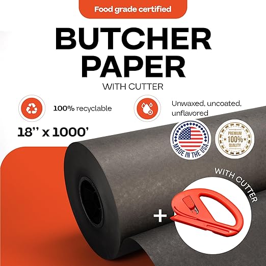 Black Butcher Paper 18" x 12000" (1000 feet) with Cutter - USA-Made Natural Butcher Paper Roll for Meat & Fish - Uncoated Food-Grade Material for Grilling - BBQ Papers for Smoking by IDL Packaging