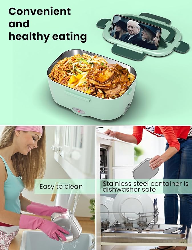 Heated Lunch Box for Men&Women - 80W Electric Lunch Box for Adults with Dual 1.5L 304 Stainless Steel Containers Fast Heating Portable Food Warmer for Car&Truck lonchera eléctrica portátil