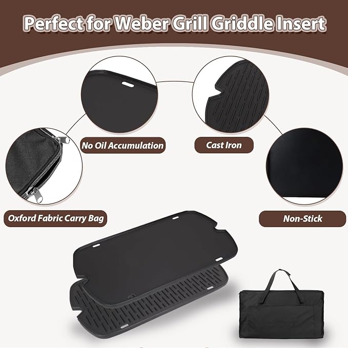 Griddle for Weber Traveler Grill 9010001 9020001 9030001, 7034 Cast Iron Griddle Insert Replacement Parts for Weber Traveler 9013001 9011701 Flat Top Griddle Accessories with Carry Bag