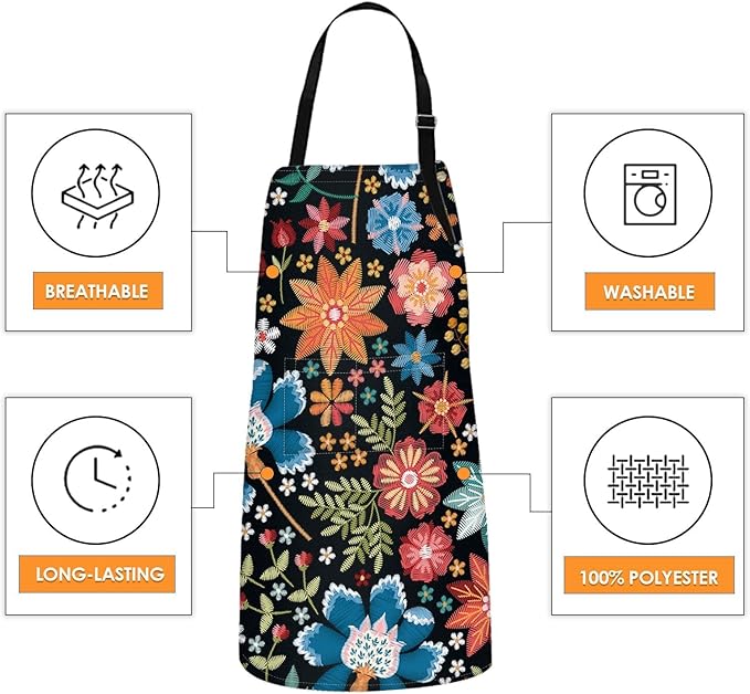 Britimes Apron Home Kitchen Cooking Baking Gardening for Women Men With Pockets Colorful Floral Flower Botanical Summer Vintage 32x28 inch