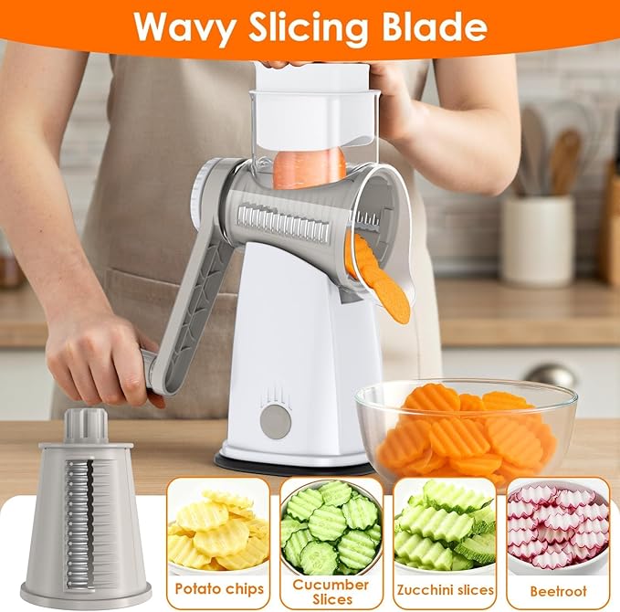 5 Blade Rotary Cheese Grater and Vegetable Chopper with Storage Box and Hand Crank, Compact Shredder for Cheeses, Veggies, Nuts - Easy to Use, Non-slip Suction Base,White