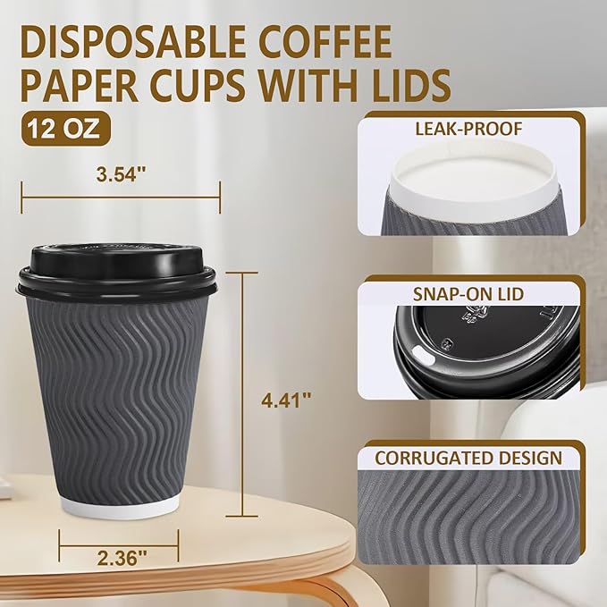 500 Pack Coffee Cups with Lids 12oz, Disposable Insulated Ripple Wall To Go Paper Coffee Cups for Hot/Cold Drinks Office Home Shop Event (Grey)