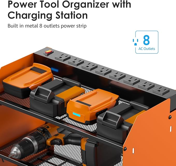 CCCEI Modular Power Tool Organizer Wall Mount with Charging Station. Garage Drill Storage Shelf with Hooks, Heavy Duty Rack, Tool Battery Holder Built in 8 Outlet. Gift for Men. Orange, 2 Pack.