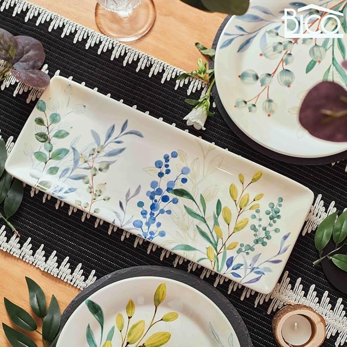 Bico Botanical Valley Ceramic 14 inch Rectangular Serving Platter, Set of 2, for Serving Salad, Pasta, Cheese, Ham, Appetizer, Microwave & Dishwasher Safe