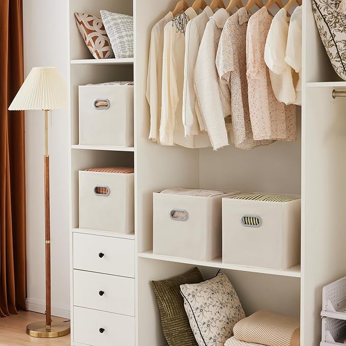 MAX Houser 6 Pack Foldable Fabric Storage Bins with Handles - Ideal for Closet Organization, Bedroom and Nursery（ Beige, 12"x12"x12"）