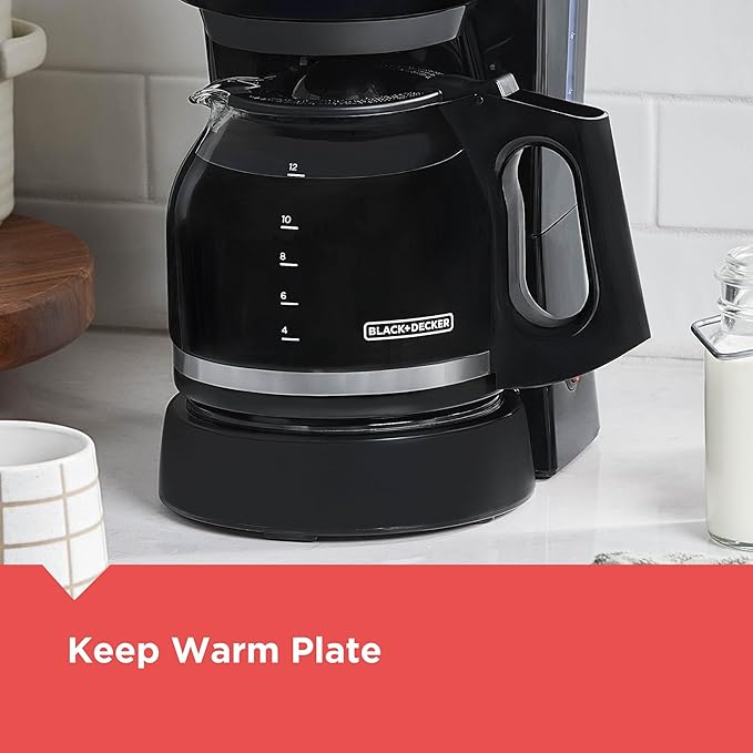 BLACK+DECKER 12-Cup Coffee Maker with Easy On/Off Switch, Easy Pour, Non-Drip Carafe with Removable Filter Basket, Vortex Technology, Black