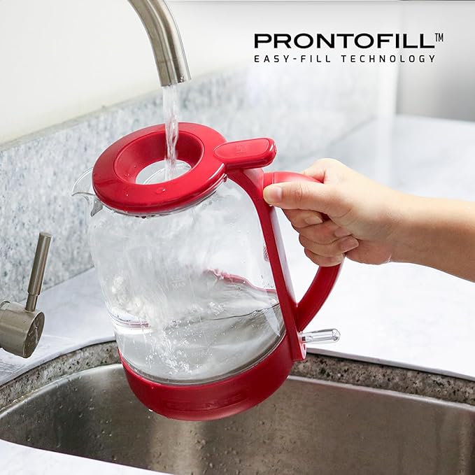 OVENTE Electric Kettle with 1.5L Borosilicate Glass, 1500W Fast Boiling Water Heater for Coffee or Tea, Easy to Fill Lid, Auto Shut-Off, Boil-Dry Protection & Stainless Steel Filter, Red KG516R