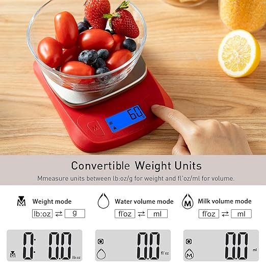 NUTRI FIT Ultra Slim Food Scale Digital Kitchen 1g Increment Measure in lb oz ml High Precision Weight in Grams and oz for Coffee Making, Meal Prep - Red/Stainless Steel