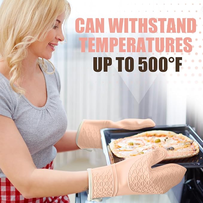 Silicone Oven Mitts, Heat Resistant 2PCS Oven Mitts with Soft Cotton Lining, Waterproof Non-Slip Grip Oven Glove, Kitchen Potholder Mits for BBQ, Baking, Cooking, 12.5 Inch - Pink