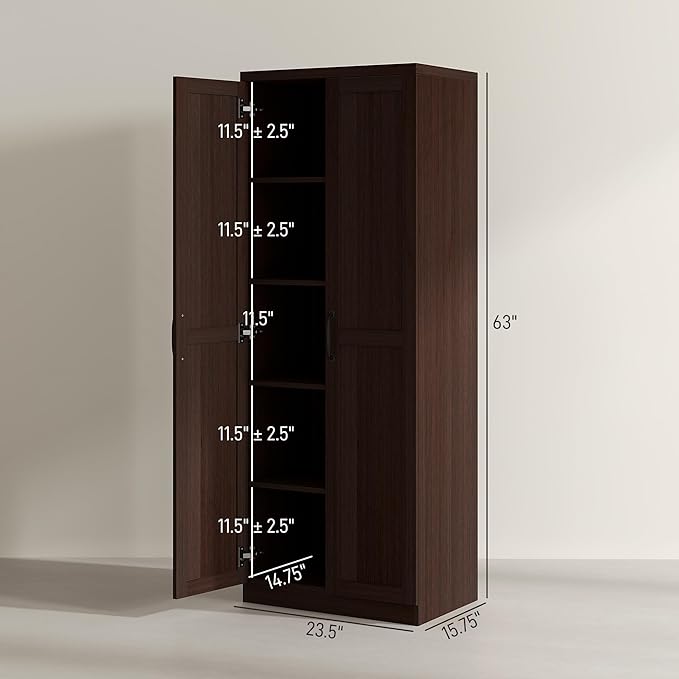 HOMCOM 63" 2-Door Kitchen Pantry, Freestanding Storage Cabinet with 5-Tier Shelving and 2 Adjustable Shelves for Dining Room, Cinnamon Cherry Wood Grain
