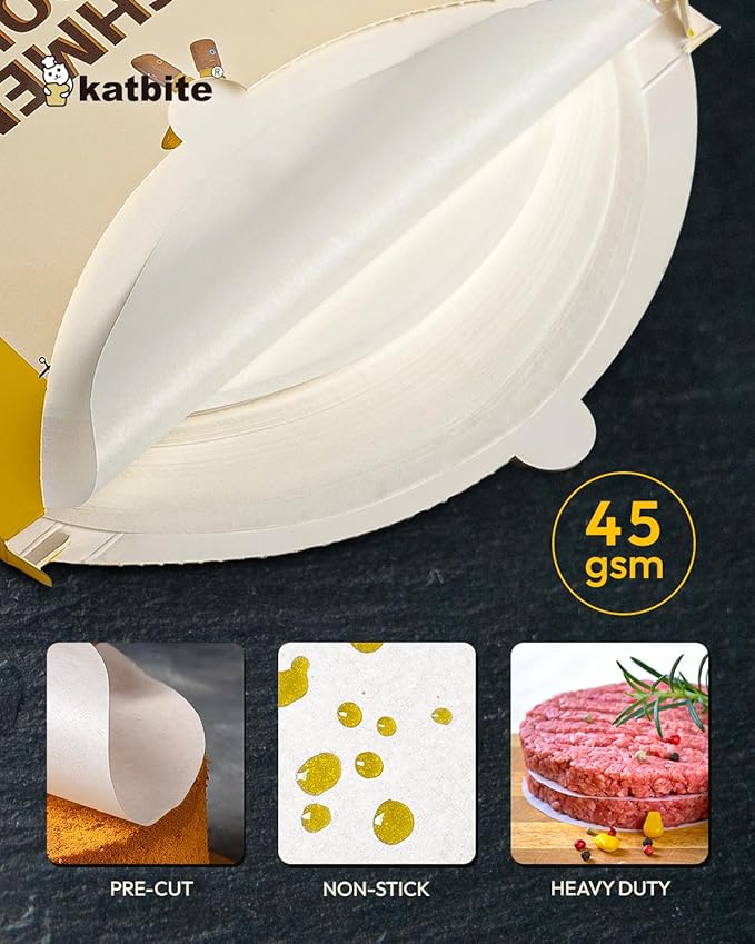 Katbite 9 Inch 400Pcs Parchment Paper Rounds, Round Parchment Paper for Cake Baking, Air Fryer Liners, Freezing, Tortilla Press(2 Pack of 200Pcs)