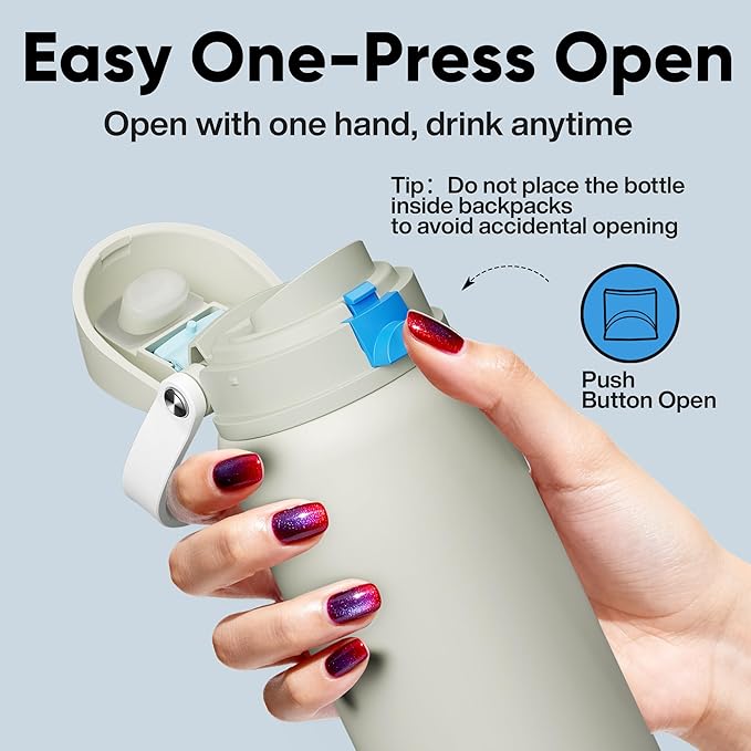 Insulated Water Bottle with Straw - Encool Stainless Steel Water Bottle with Push Button Lid, Leak-Proof & BPA-Free, Keeps Cold for 24 Hours for Sports, Travel, Gym (32 oz, Kangaroo Grey)