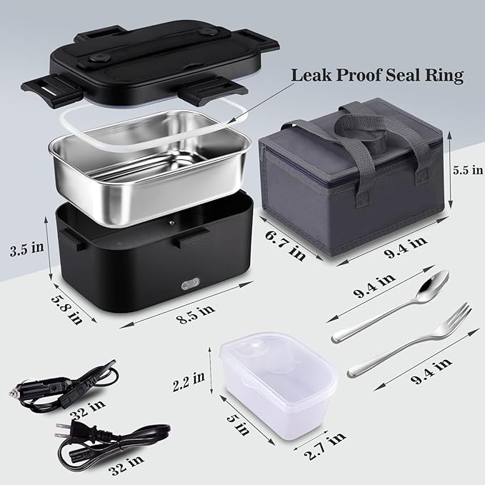 Nifogo Electric Lunch Box for Adults 80W Portable Heated Lunch Box for Men 3 in 1 Portable Food Warmer 110V/12V/24V with 1,8L Removable Stainless Steel Container & Bag(Black)