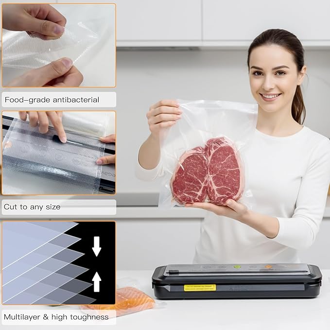MegaWise 3 Rolls of Vacuum Sealer Machine Bags, 8 inch wide and 21.6 Feet Long for Megawise & other brand vacuum sealers Perfect for Meal Prep and Sous Vide Cooking