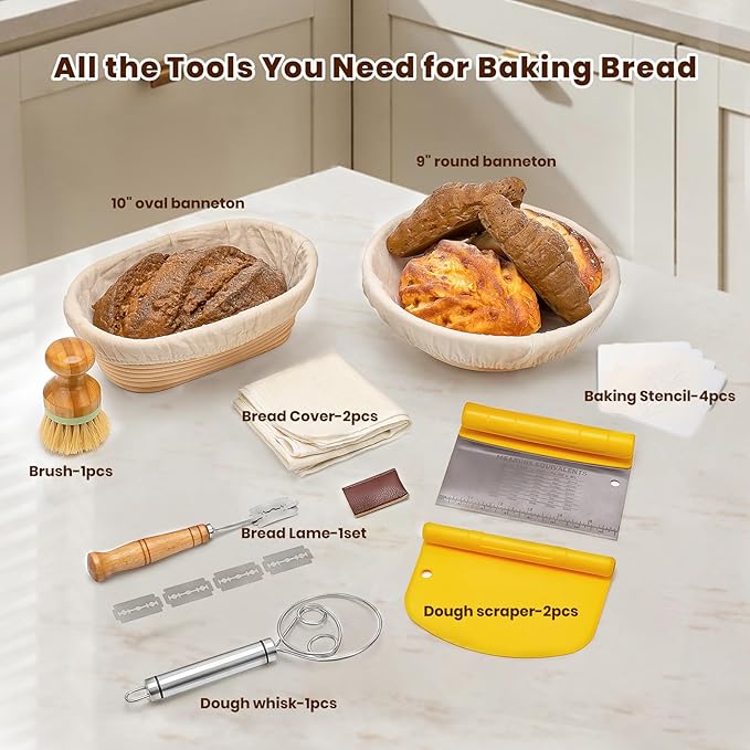 CODOGOY Banneton Bread Proofing Basket Set, Sourdough Bread Baking Supplies with 9" Round & 10" oval Handmade Natural Rattan Proofing Basket and Complete Bread Making Tools