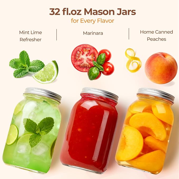 ComSaf Wide Mouth Mason Jars 32 oz with Lids 4 Pcs, Quart Mason Jars with Seal Band, Large Glass Jar, Big Canning Containers for Pickles, Jams, Sauces, Salsa, Sourdough, Juice, Suntea, Food Storage