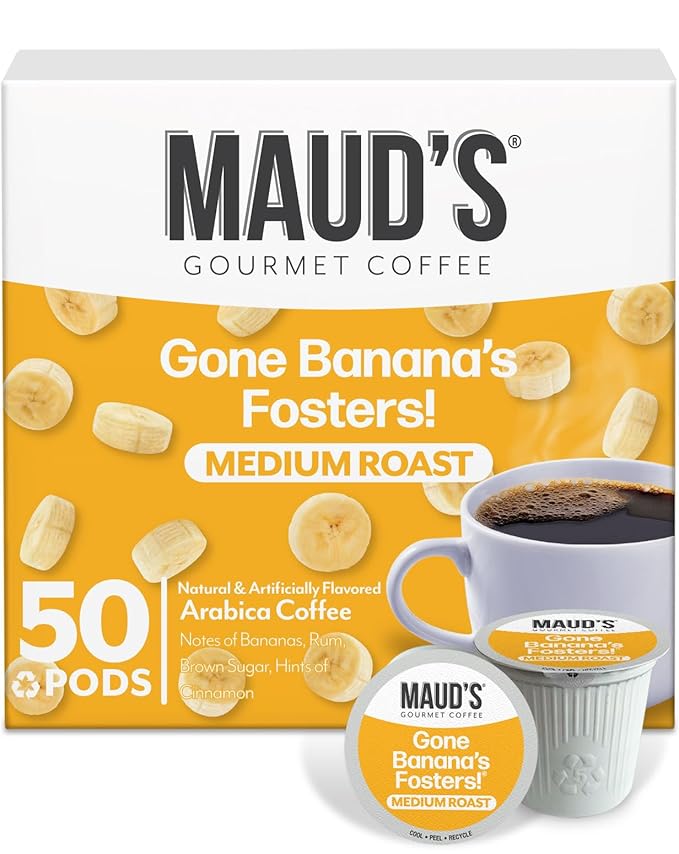 Maud's Banana Flavored Coffee Pods, 50 ct, Medium Roast Flavored Coffee in Recyclable Single Serve Pods – 100% Arabica Beans, Compatible with Keurig K Cups Maker
