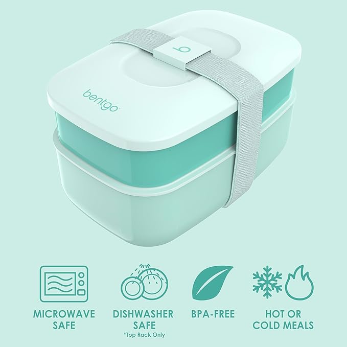 Bentgo Classic - Adult Bento Box, Stackable 3-Compartment Lunch Box with Removable Utensil Set and Sealing Strap, BPA-Free, Food Container Ideal for Meal Prep, Work, and On the Go (Coastal Aqua)