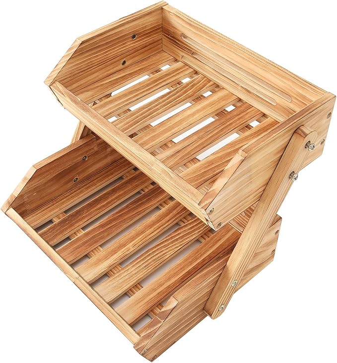 2 Tier Wooden Fruit Basket For Kitchen, Bread Vegetable Fruit Basket Bowl Stand, Farmhouse Fruit Bowl for Countertop, Large