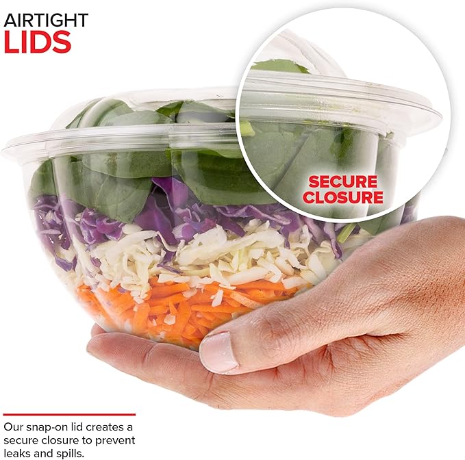 Stock Your Home 32oz Clear Plastic Salad Bowls with Lids Disposable (50 Pack) Medium Takeout Container with Snap on Lid for Fruit Salads, Quinoa, Lunch and Meal Prep, Acai Bowl, To-Go Party Containers