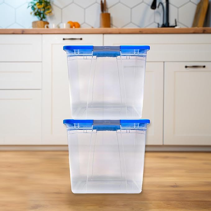 HOMZ 2-Pack Secure Latch, Clear Plastic Storage Organizer Bins, 64 Quart, Blue Lid - Stackable Container Boxes for Bedroom, Bathroom, Garage, and Office Organization