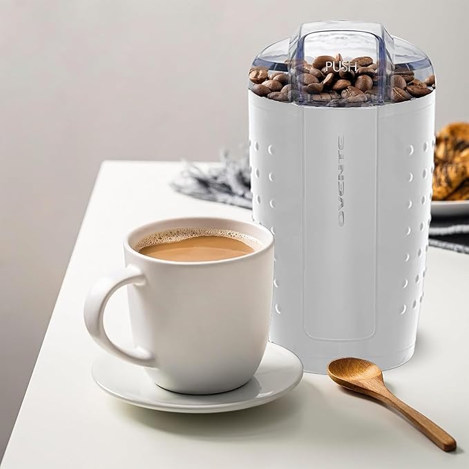 OVENTE Electric Coffee Grinder for Beans, Spices and More, 2.5Oz Compact Grinding Mill, Spice Grinder with Stainless Steel Blade, Pulse Button Operation and Transparent Easy to Open Lid, White CG225W