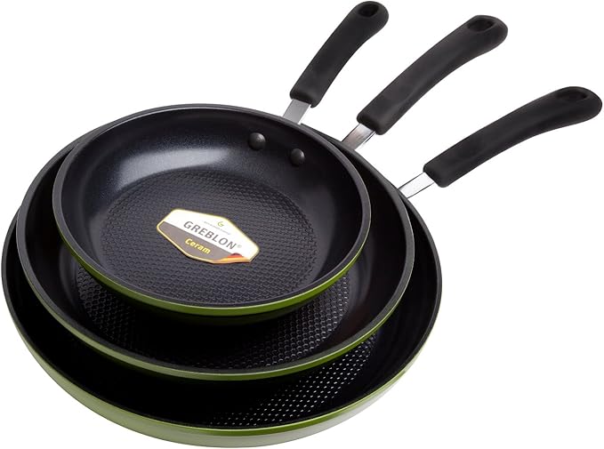 Green Earth Frying Pan 3-Piece Set by Ozeri (8", 10", 12") – 100% PTFE, PFC, APEO, GenX, NMP and NEP-Free German-Made Coating