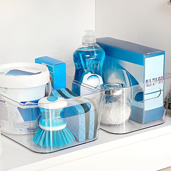 12 PACK Multi-Use Clear Plastic Storage Bins for Organizing w/ Labels - Home, Kitchen, Bathroom, Office, Pantry Cabinet Shelf Organizer Bins - SOHO Collection, RV, Fridge Organization Containers