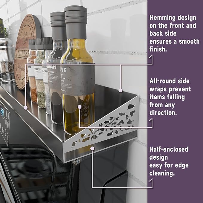 30" Magnetic Stove Top Shelf – Stainless Steel Spice Rack and Seasoning Organizer – Kitchen Shelf for Back of Stove – Over Stove Rack and Storage Organizer
