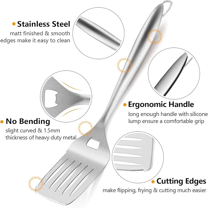 HaSteeL Grilling Utensil Set 18in, Stainless Steel BBQ Accessories Tools with Bag for Outdoor Cooking Camping, Heavy Duty Grill Spatula, Tong, Meat Fork, Basting Brush, Cleaning Brush, Man’s Gift