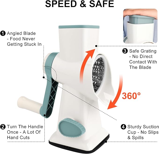 Kaishun Cheese Grater Rotary Cheese Grater Vegetable Chopper Sredder Madonline Stainless Steel with Vacuum Suction Base Multi Functional Kitchen Tool Perfect for Easy Shredding (WhiteCyan)