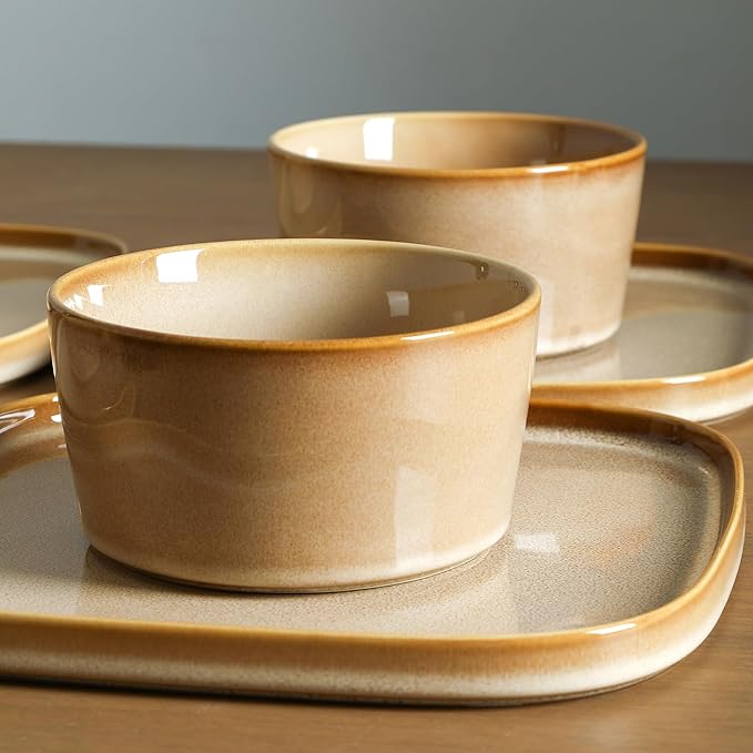 Stone Lain Cairo 24-Piece Dinnerware Set Stoneware, Plates and Bowls Set, Microwave and Dishwasher Safe, Includes Dinner and Salad Plates, Cereal Bowls, Dishes for 8, Sand