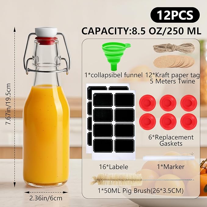 Ruckae 12 Pack 8.5oz Swing Top Glass Bottles with Lids Kombucha Coquito Flip Top Glass Bottle for Syrup Vanilla Extract Brew Beer Kefir Air Tight Bottles for Gift (8.5 oz 12 pack)