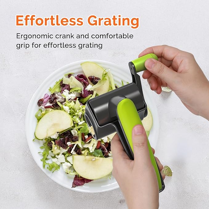 Cheese Grater Hand Crank, Patented Rotary Parmesan Cheese Grater Cheese Shredder Handheld with Fine & Coarse Drums, Restaurant Cheese Grinder with Handle for Hard Cheese, Gray Green