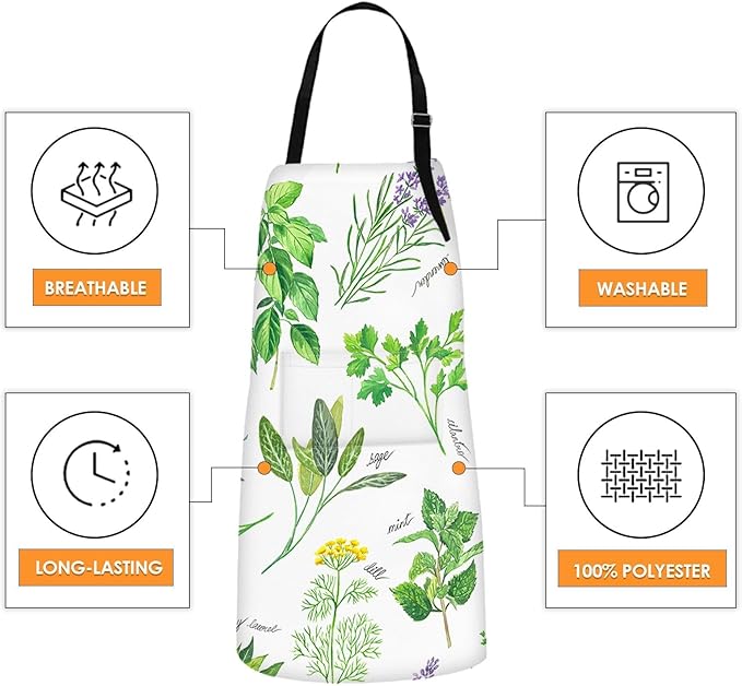 Britimes Apron Home Kitchen Cooking Baking Gardening for Women Men With Pockets Herbs Leaf Natural Gardening Basil 32x28 inch